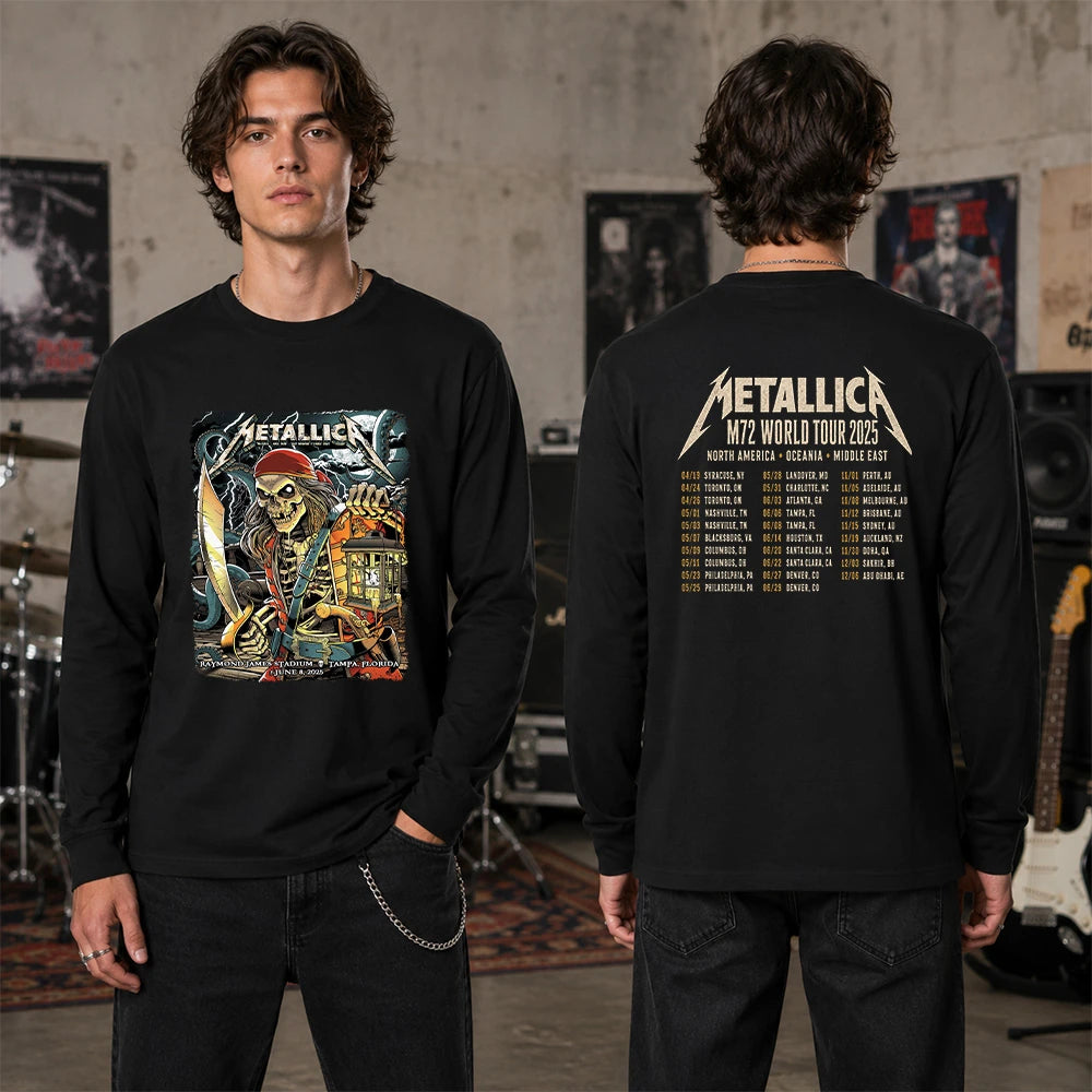 Metallica M72 World Tour June 8 2025 Raymond James Stadium Tampa Florida United States 2 side T-shirt by Andrew Cremeans featuring a skeletal pirate captain with a lantern and cutlass, giant tentacles, lightning, full moon and M72 tour back print.